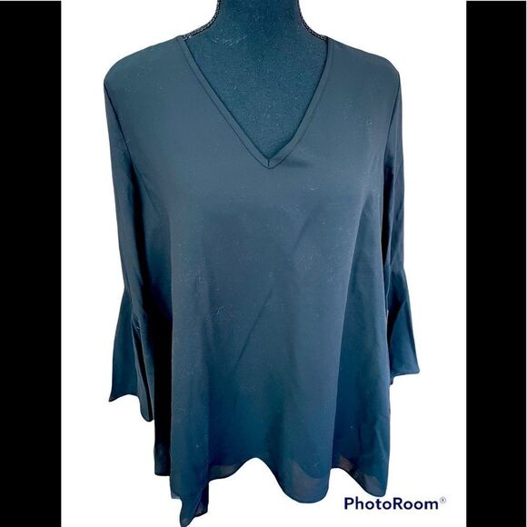 New with tags Zac & Rachel v neck black chiffon top with split bell sleeves sz M - Picture 1 of 8